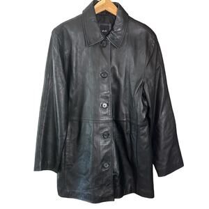 JLC New York Black Leather Classic City Grunge Retro Long Button Up Jacket XL